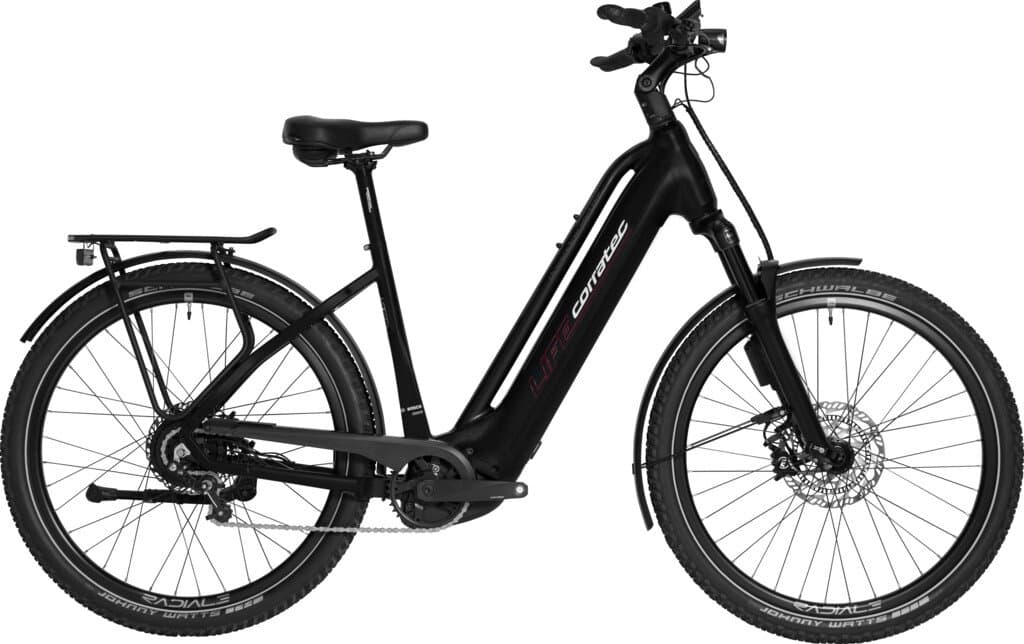 Corratec Life CX7 elektrische stadsfiets in zwart met rode accenten, framemaat 47 cm, met Bosch middenmotor en geintegreerde accu