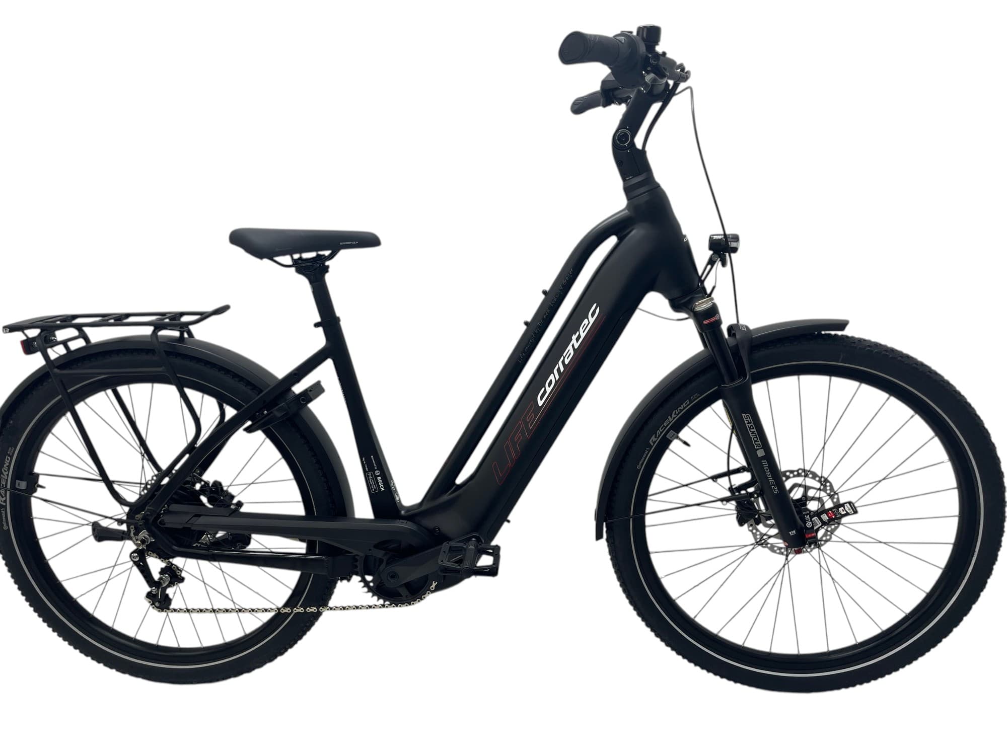 Corratec Life CX7 elektrische stadsfiets in mat zwart, zijaanzicht met lage instap en bagagedrager