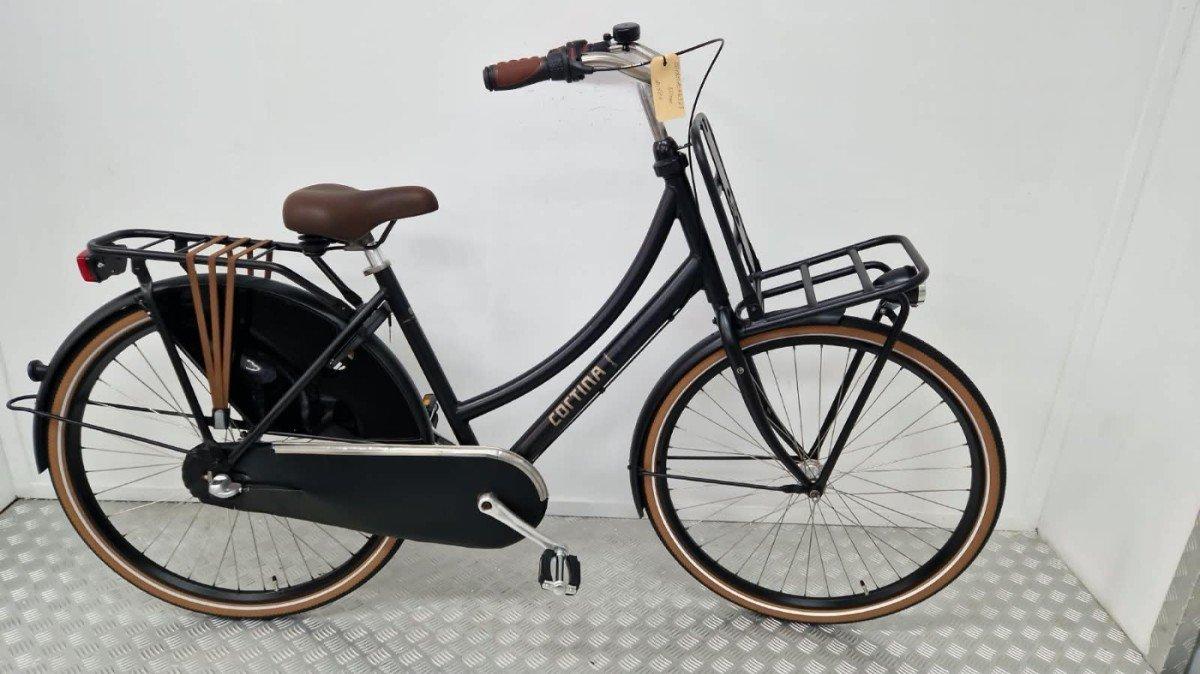 Cortina U4 transportfiets 50 cm zwart, vooraanzicht met bagagedrager